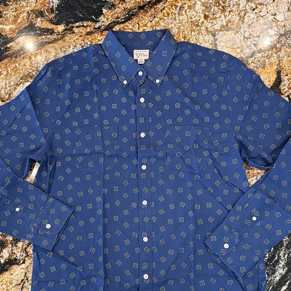 NWT J. Crew Men's Square Flower Blue/Green Cotton-Wool Challis 2 Pocket Shirt